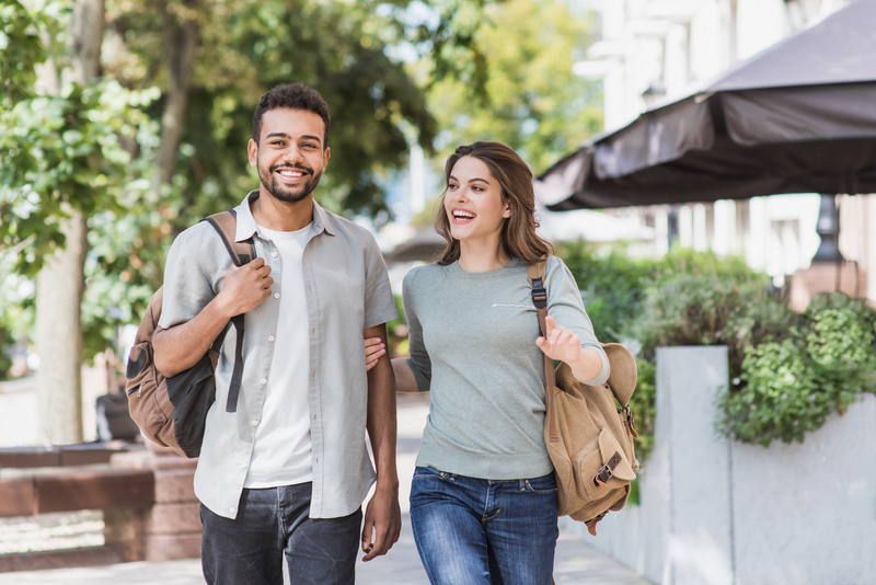A couple walking through town