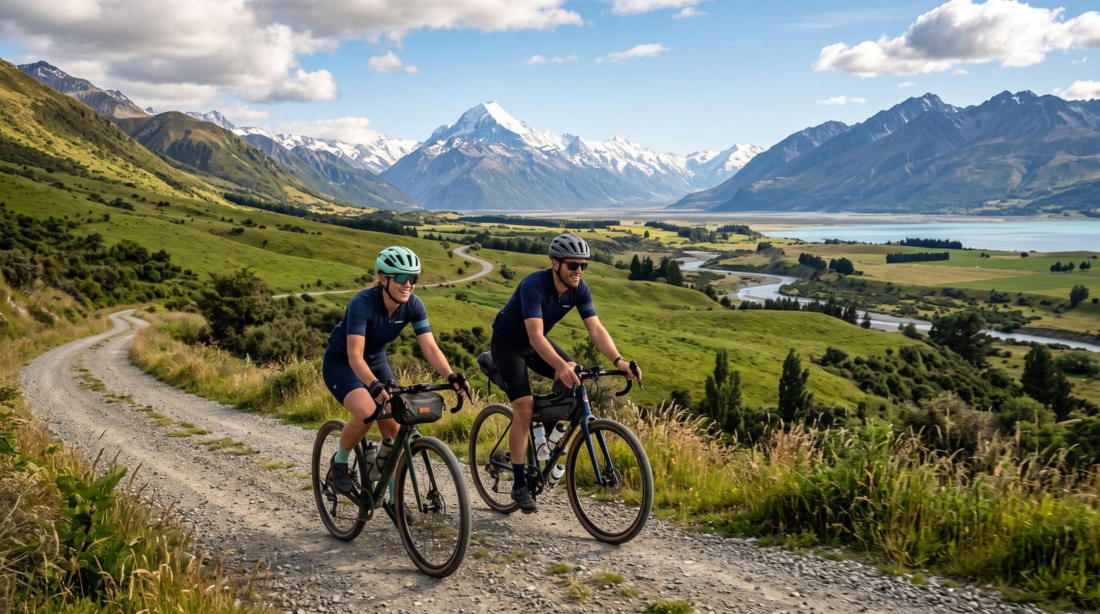 A couple cycling a gravel road below the Southern Alps
