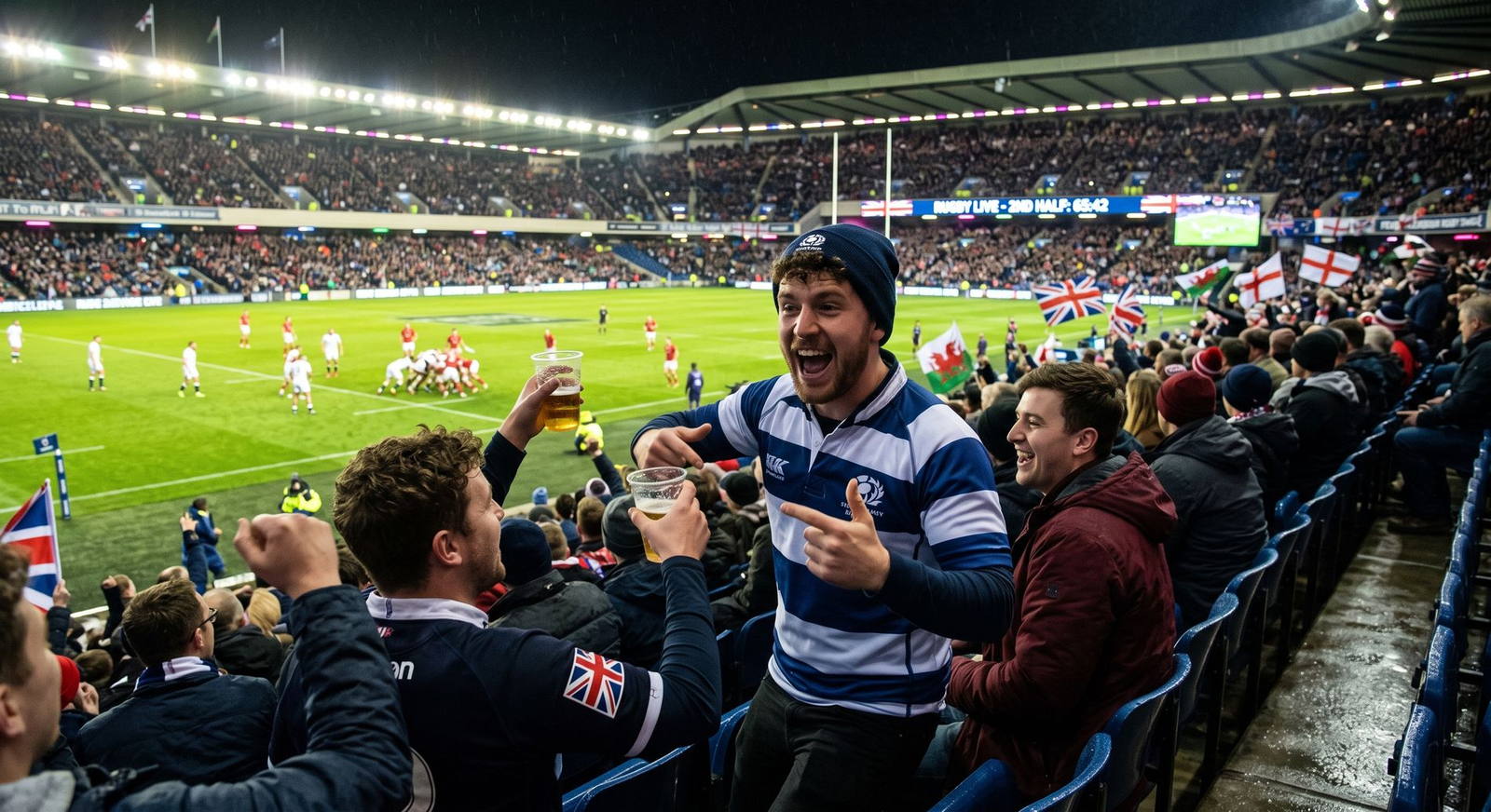 Supporters celebrating at a rugby match